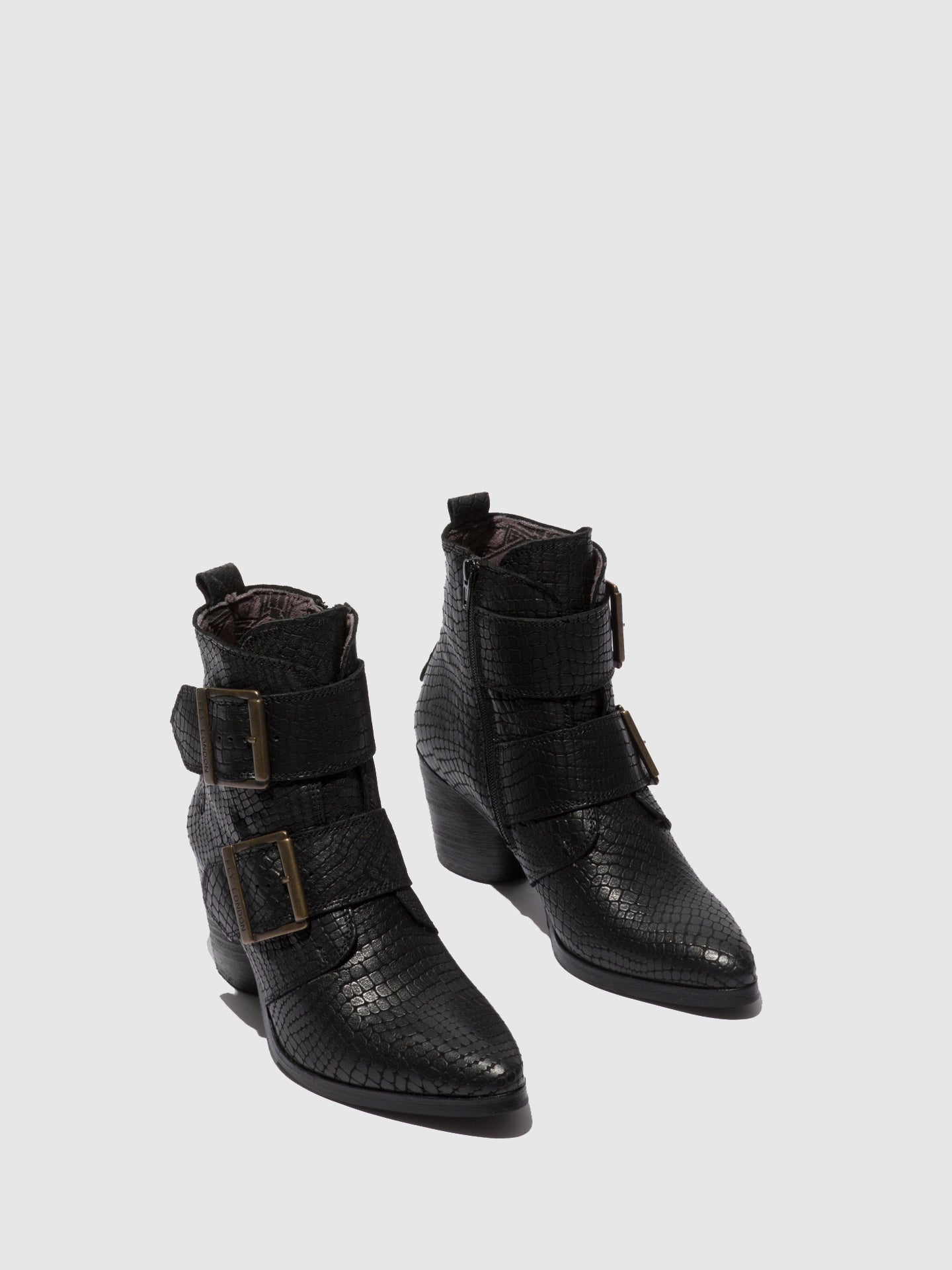 Fly London Buckle Ankle Boots ARIA827FLY CROCO BLACK